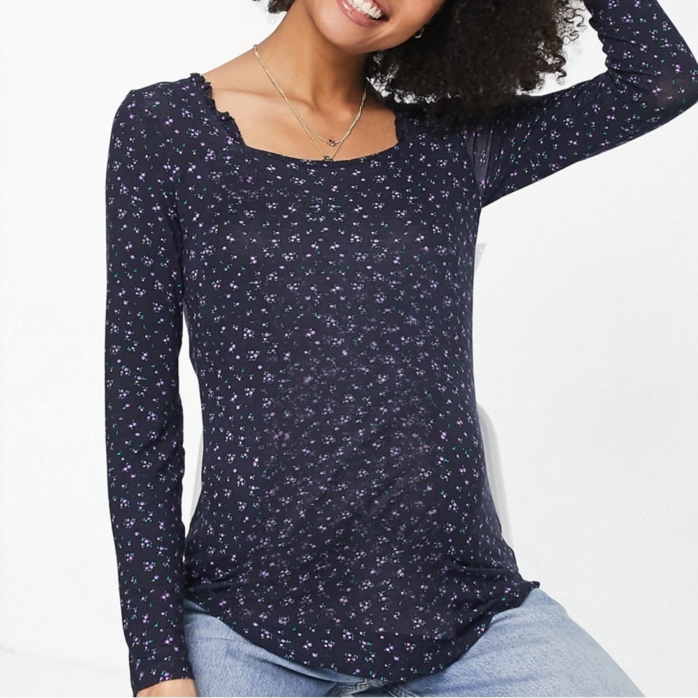 Mamalicious Maternity Scoop Neck Top Black Ditsy Floral Print Long Sleeve Size S